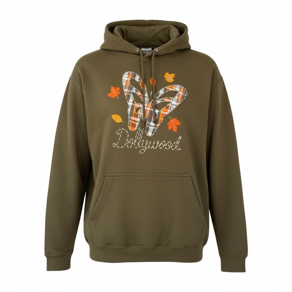 Dollywood women’s olive green pullover hoodie w/a butterfly Medium PTP 22” NWT
